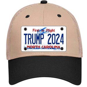 Trump 2024 North Carolina Metal on Trucker Mesh Snapback Hat - Khaki